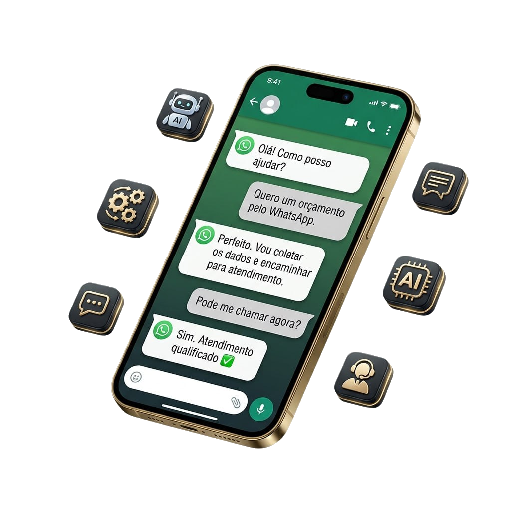 Celular com conversa curta de assistente IA qualificando orçamento pelo WhatsApp