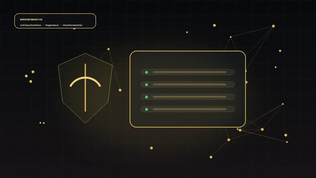 Ilustração corporativa de firewall, servidores e conexões de rede protegidas em ambiente tecnológico escuro e dourado